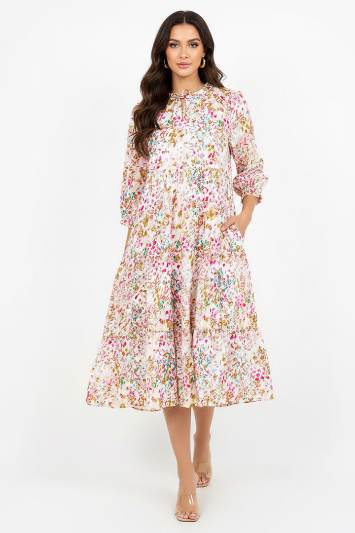 PLUS SIZE TIERED BOHO FLORAL MIDI DRESS 3/4 SLEEVES DETAIL