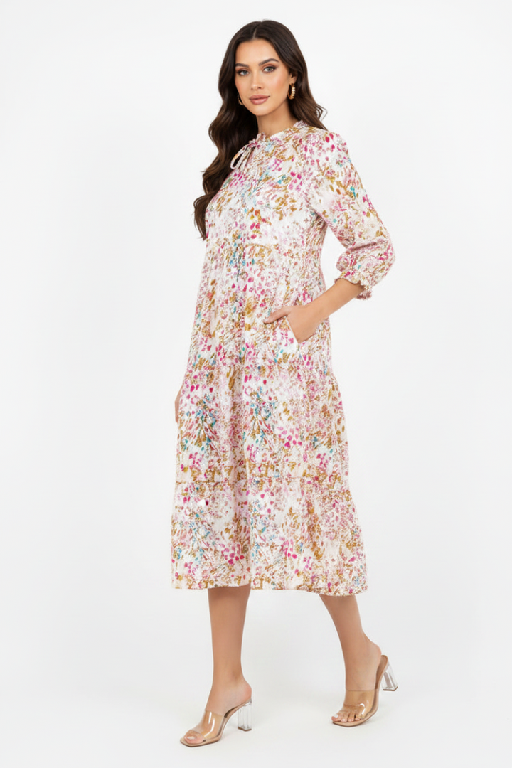 PLUS SIZE TIERED BOHO FLORAL MIDI DRESS 3/4 SLEEVES DETAIL
