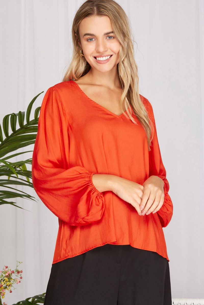 GREEN V-NECK 3/4 BALLOON SLEEVES WOVEN TOP SKSY2330