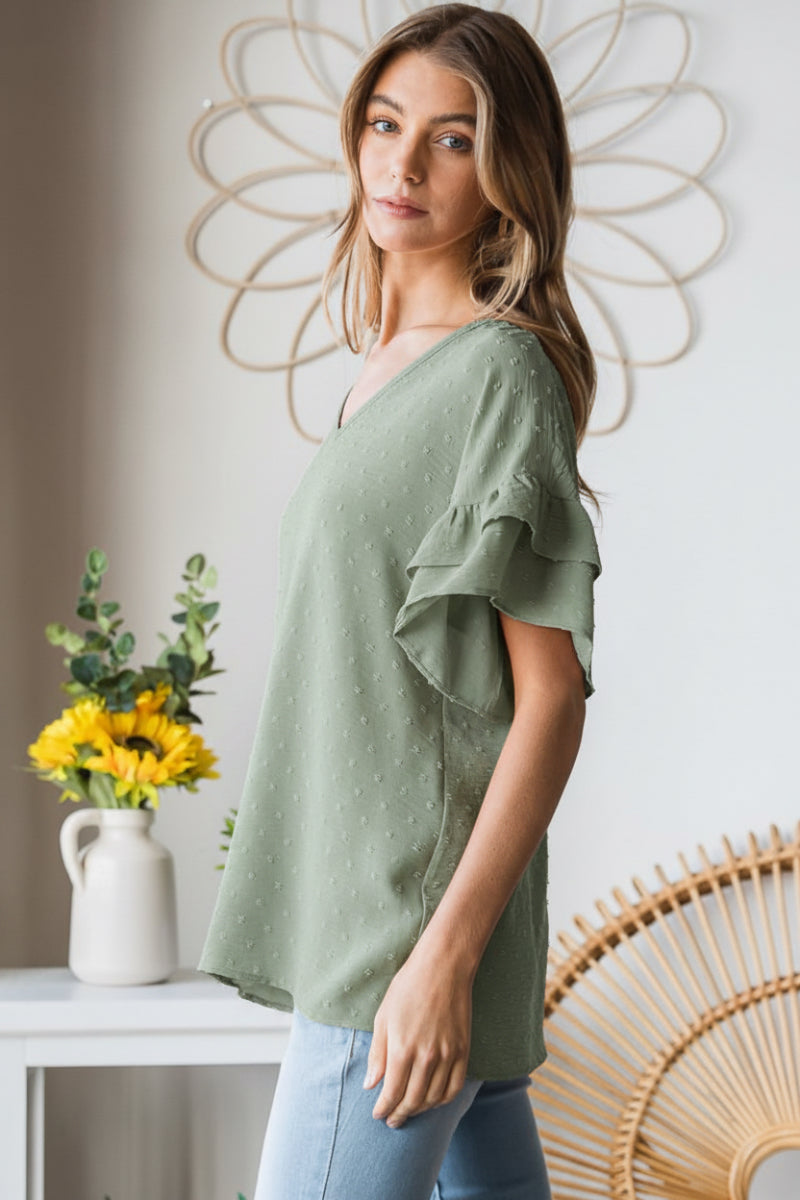 PLUS SIZE-DOUBLE RUFFLED V NECK SOLID SWISS DOT TOP