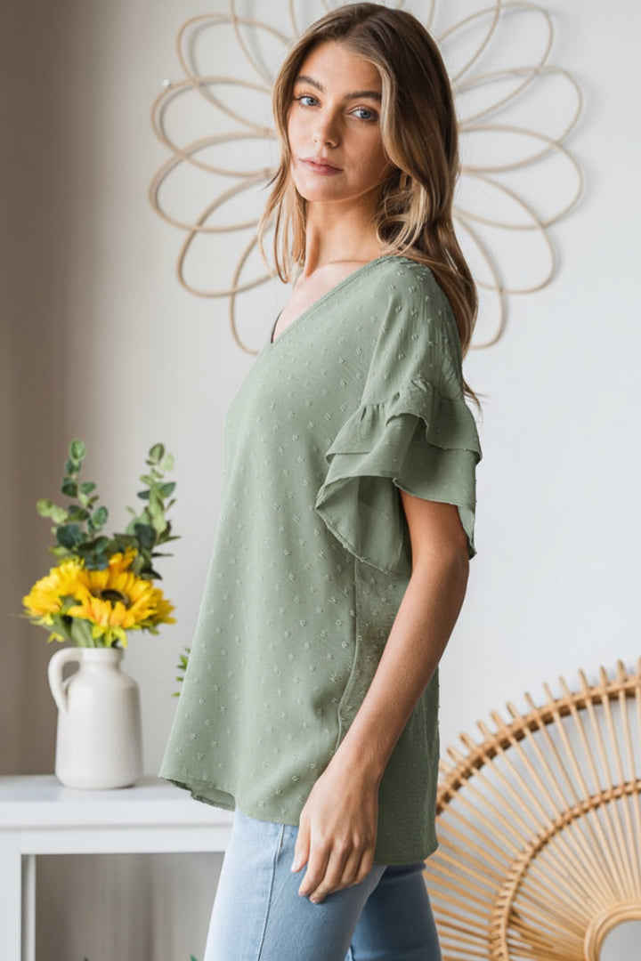 PLUS SIZE-DOUBLE RUFFLED V NECK SOLID SWISS DOT TOP