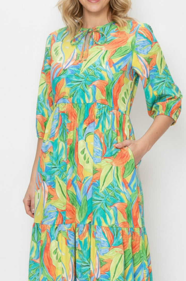 VIBRANT TROPICAL PRINT MIDI DRESS SHVL5994-D