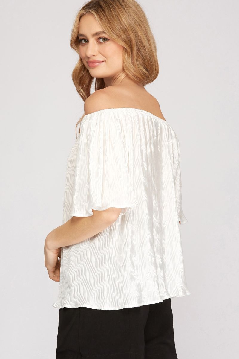 GREEN OFF SHOULDER PLISSE WOVEN TOP SKSY3901