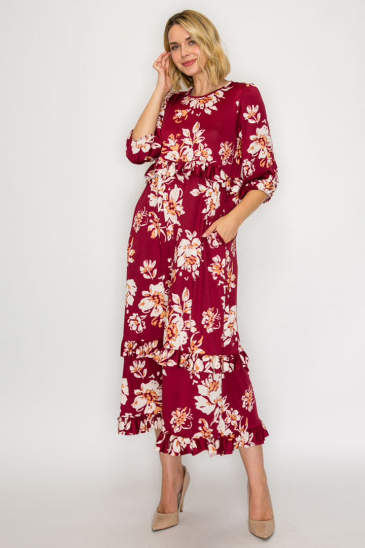 TIERED RUFFLE MIDI DRESS WITH SIDE POCKETS