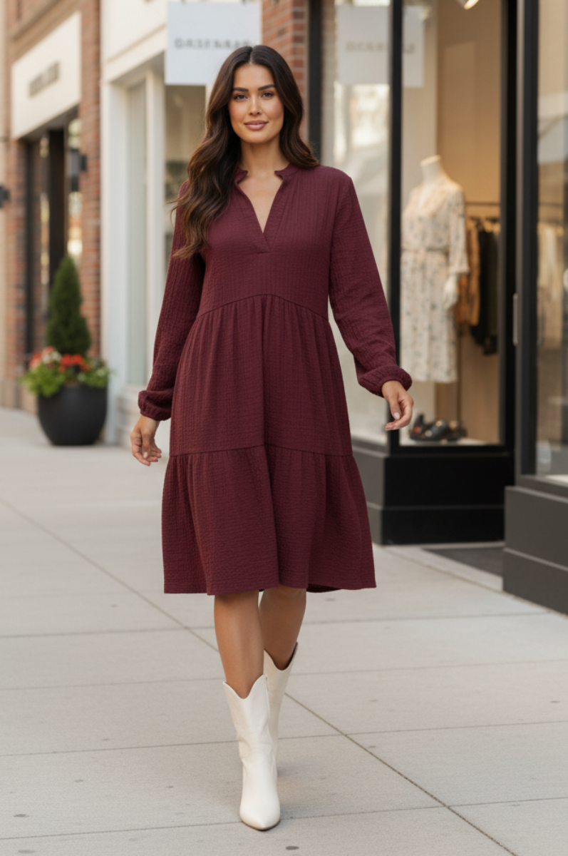 PLUS SIZE MANDARIN COLLAR TIERED MINI DRESS HMED6794