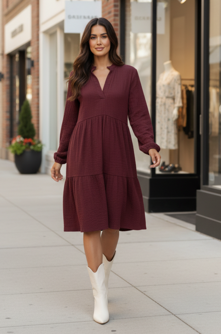 PLUS SIZE MANDARIN COLLAR TIERED MINI DRESS HMED6794