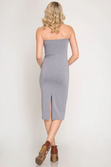 STRAPLESS TUBE BACK SLIT MIDI DRESS