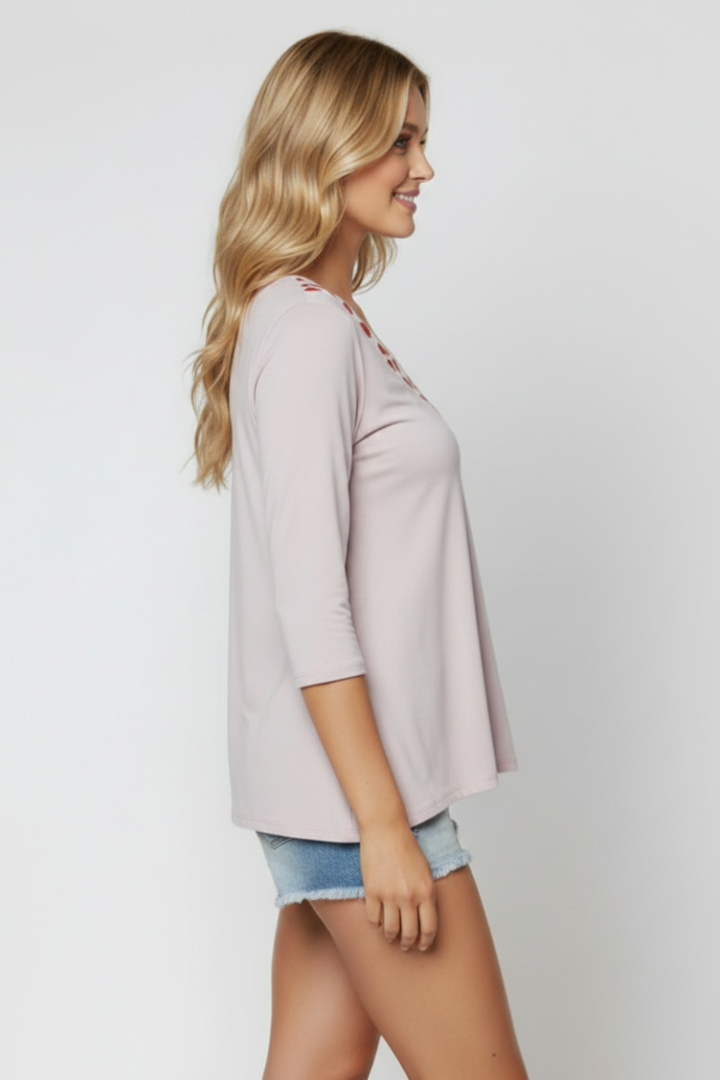 V-NECK HEART PRINTS 3/4 SLEEVES TOP-T6571