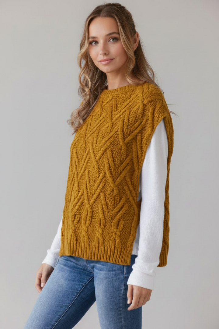 MUSTARD CABLE KNIT SWEATER VEST TIS12282-