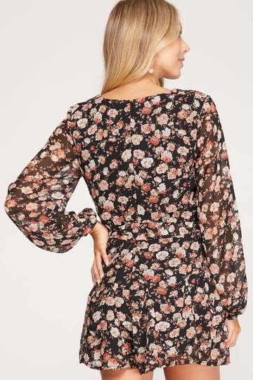 FLORAL PRINT WAIST SASH GODET DETAILED WOVEN ROMPER