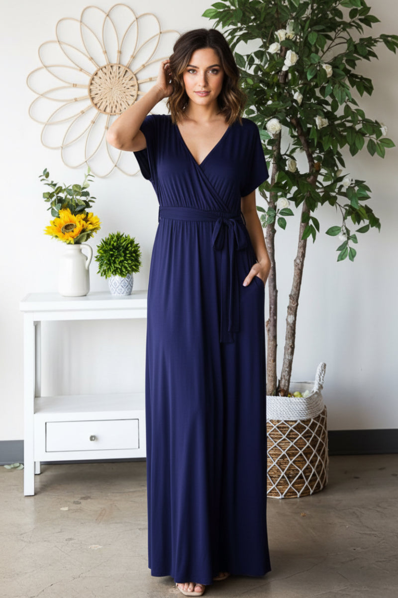 SHORT SLEEVE V NECK SOLID MAXI WRAP DRESS HMED6724S