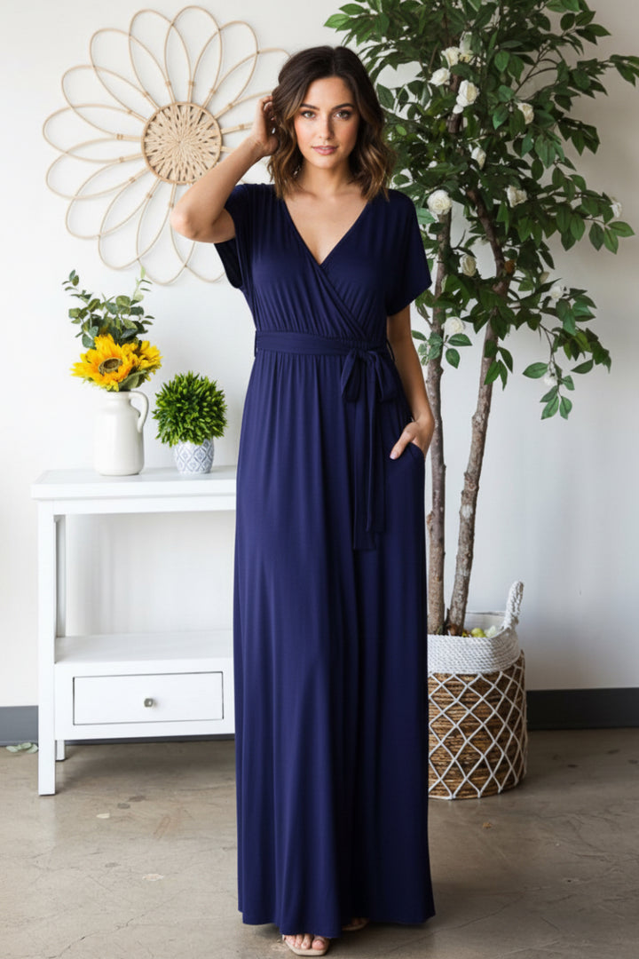 SHORT SLEEVE V NECK SOLID MAXI WRAP DRESS HMED6724S