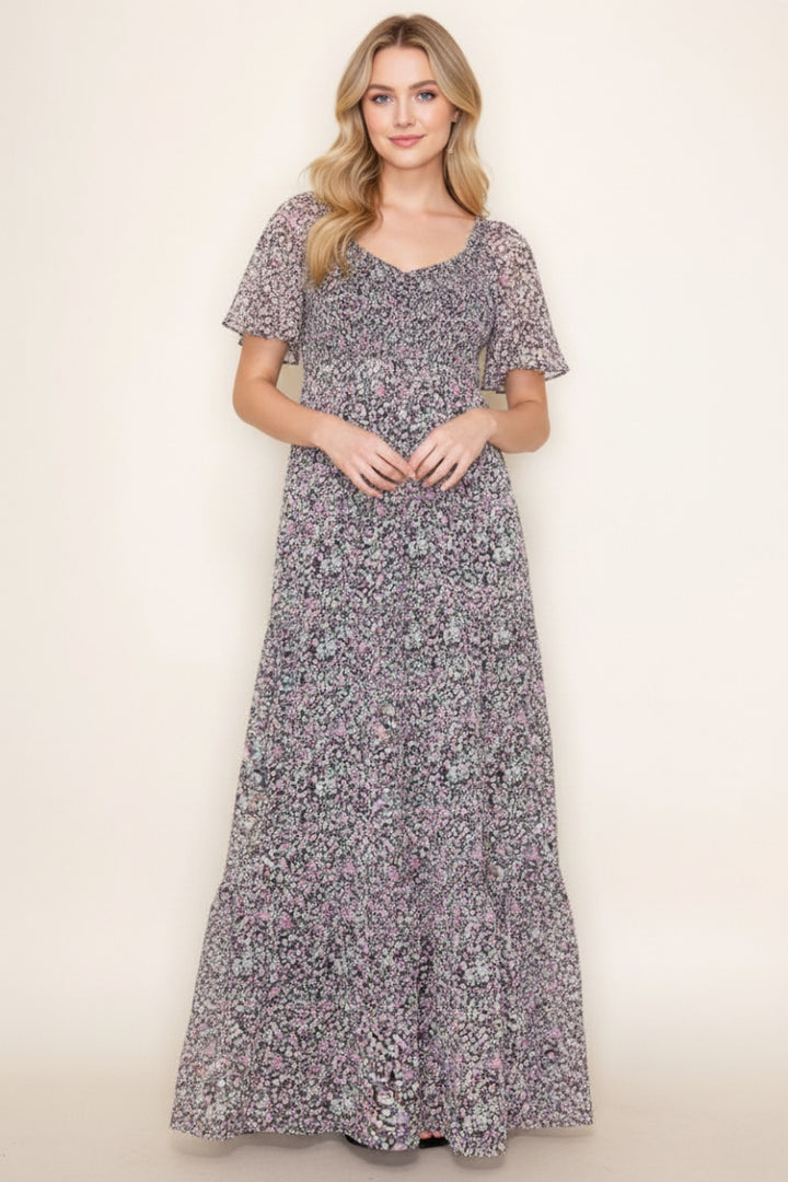 SHORT SLEEVE FLORAL PRINT MAXI DRESS-WBD90728XL