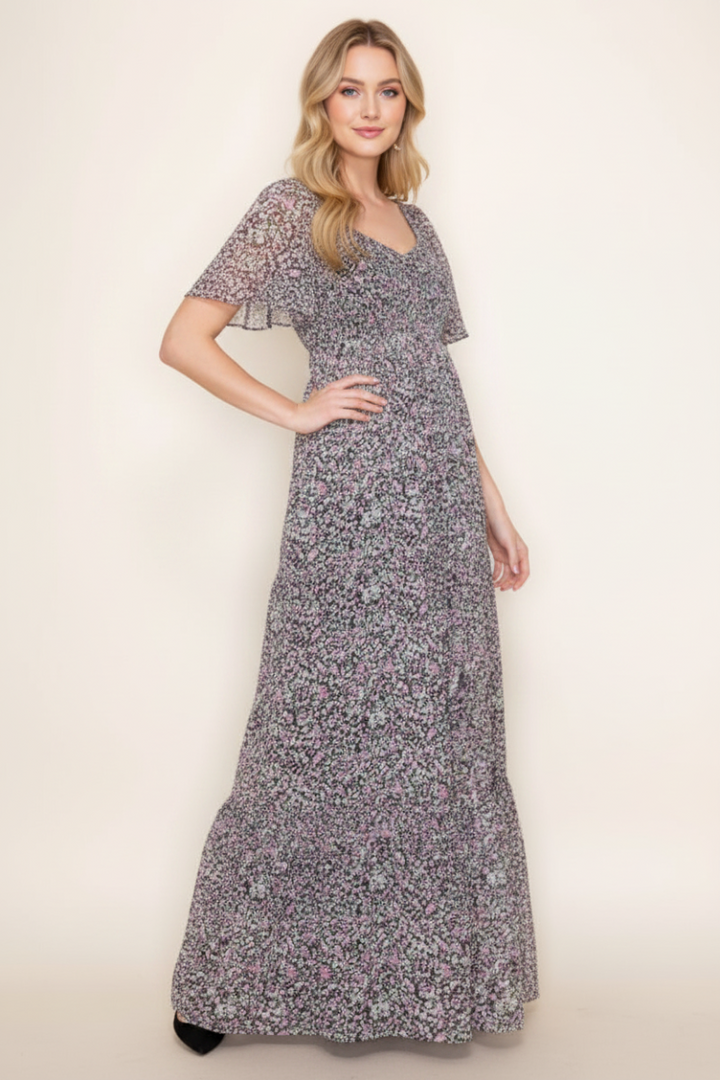 SHORT SLEEVE FLORAL PRINT MAXI DRESS-WBD90728XL