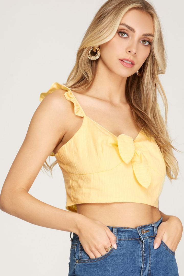 ICE BLUE JACQUARD FRONT-TIE RUFFLED WOVEN COTTON TOP SKSS8705