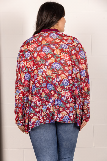 BROWN MANDARIN COLLAR FLORAL PRINT PLUS SIZE TOP T7538