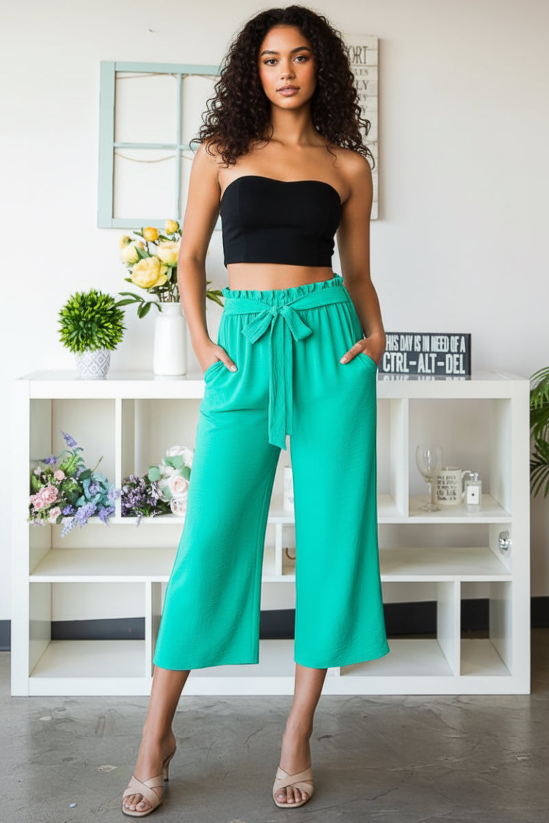 PAPERBAG WAISTBAND SOLID WOVEN CULOTTES PANTS-HMEP6735-10