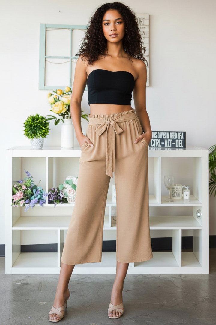 PLUS SIZE PAPERBAG WAISTBAND SOLID WOVEN CULOTTES PANTS-HMEP6735-10