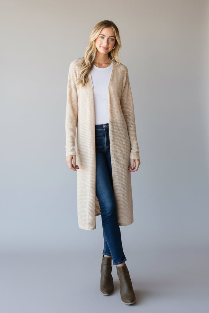 PLUS SIZE LONG SLEEVE SOLID WAFFLE OPEN CARDIGAN