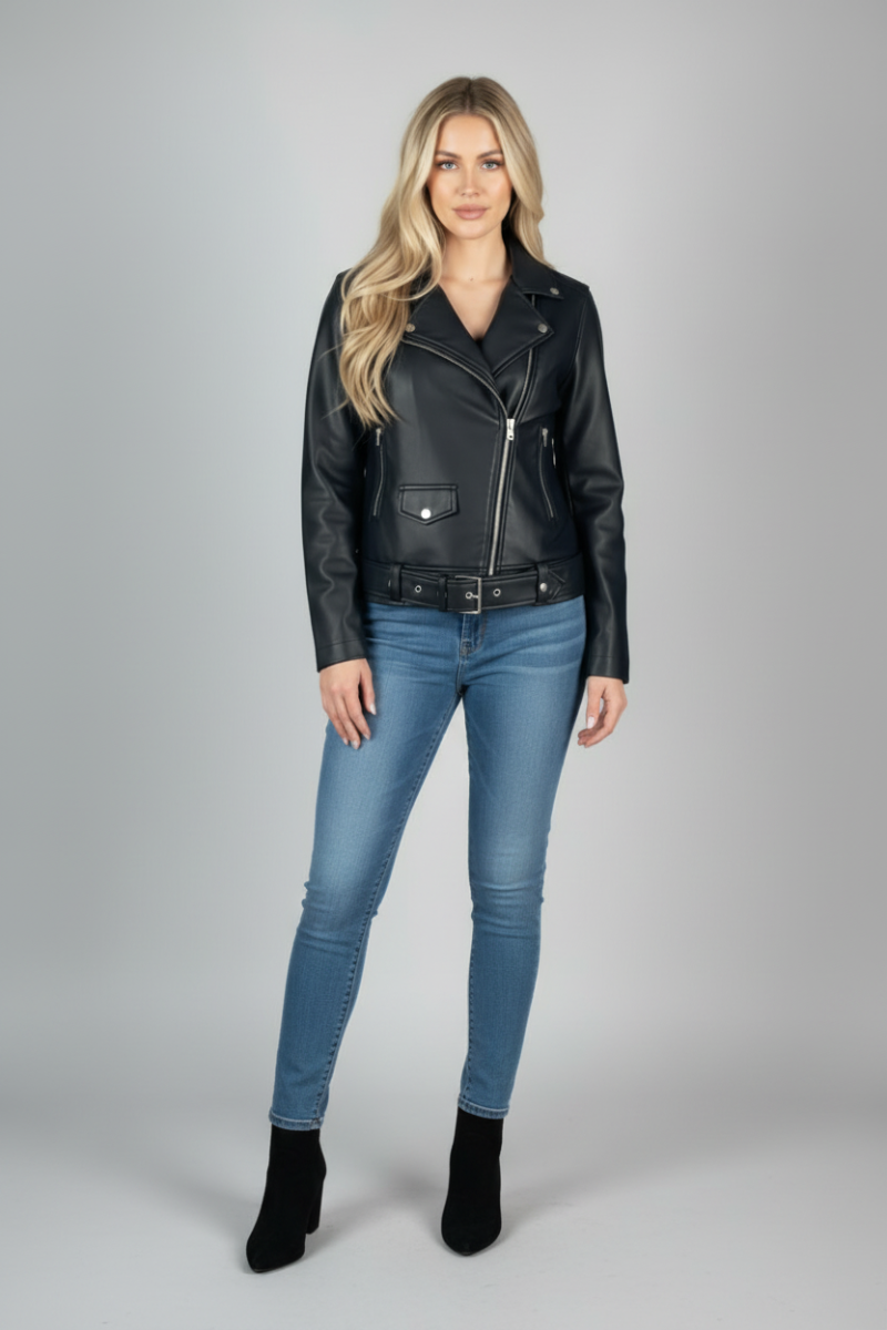 BLACK ZIPPERED FAUX LEATHER JACKET