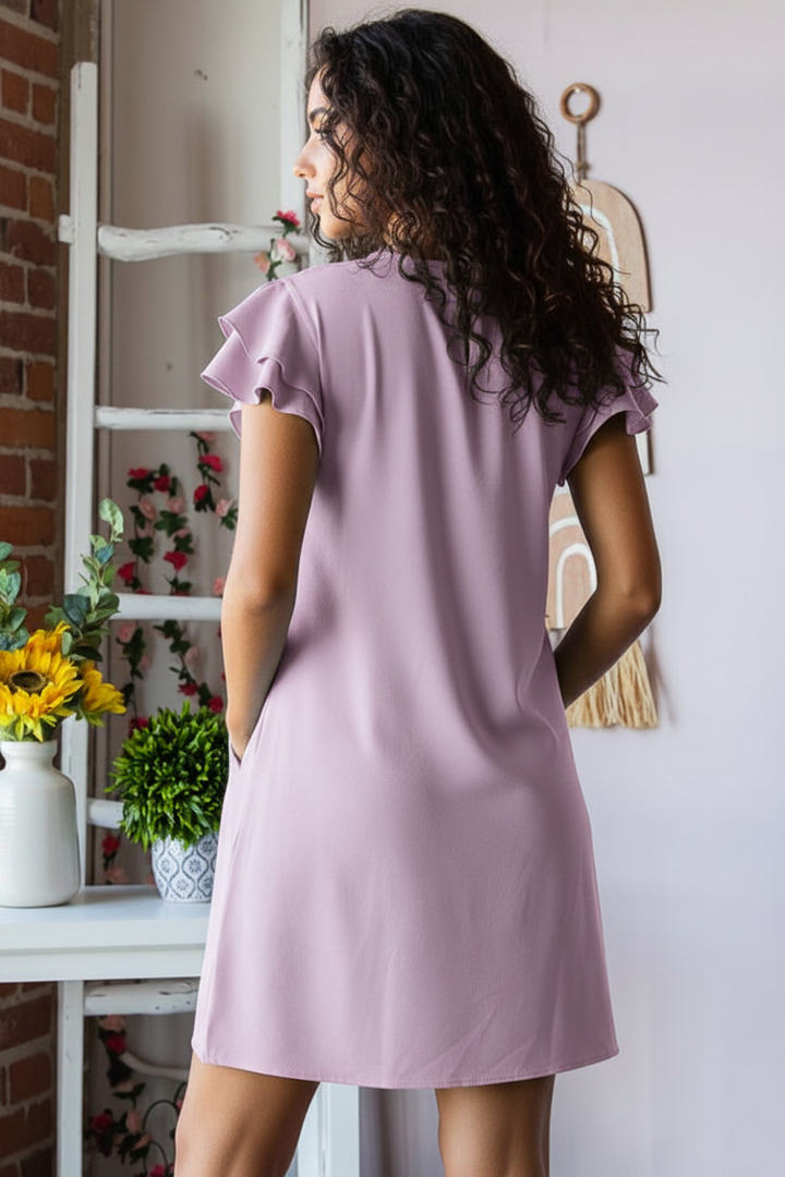 RUFFLED SHORT SLEEVE ROUND NECK SOLID MINI DRESS HMED6732-10