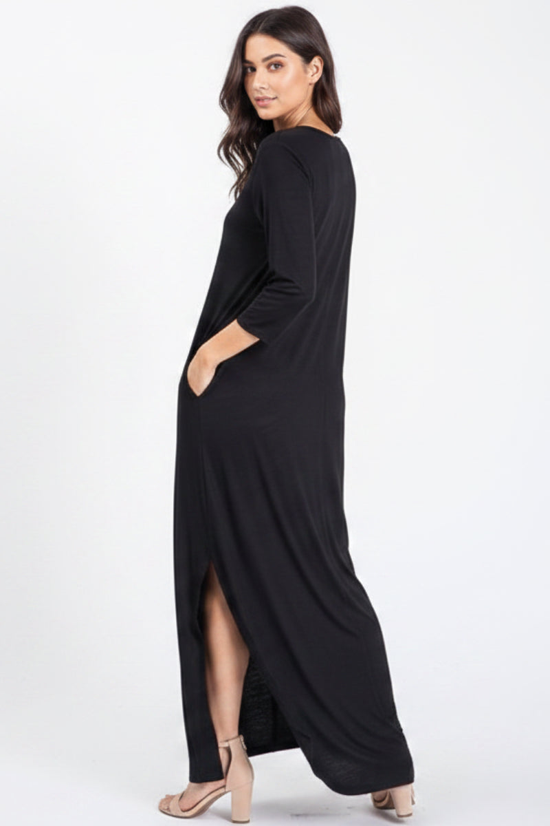 THREE QUARTER SLEEVE ROUND NECK SOLID MAXI DRESS