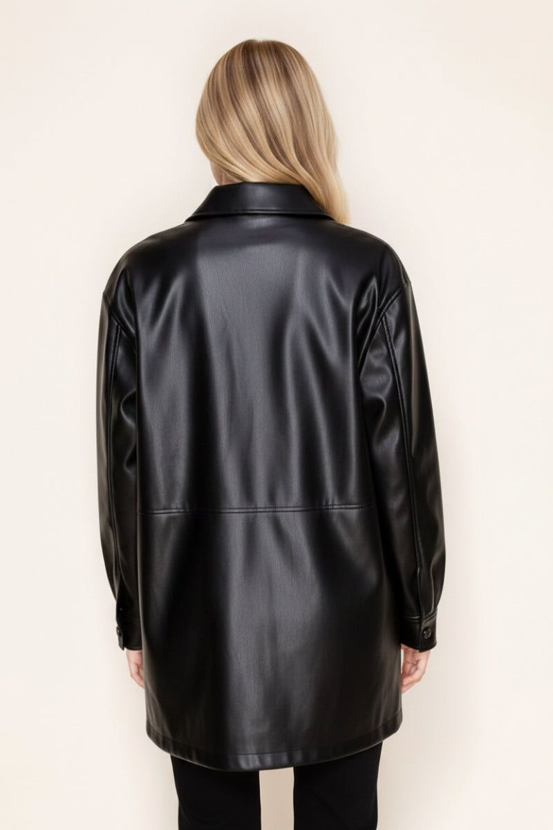 BLACK AND RHINESTONE LONG SLEEVE PU JACKET-WBT10871XL