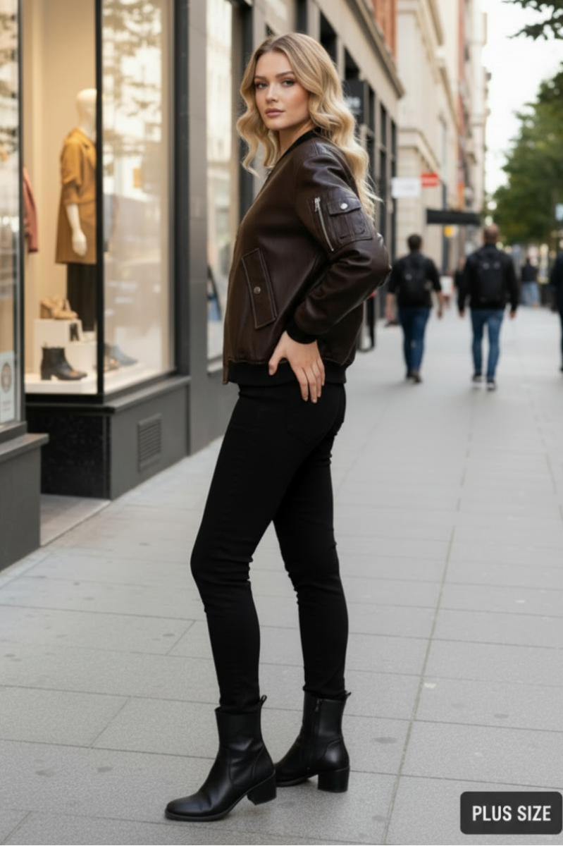 PLUS SIZE LONG SLEEVE SOLID LEATHER JACKET WITH ZIP-UP-WBT11140P