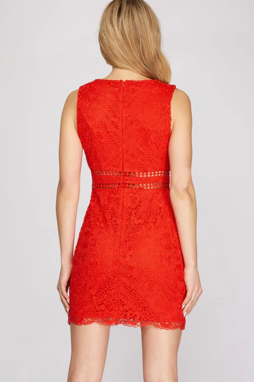 GREEN SLEEVELESS SCALLOP EDGE LACE MINI DRESS