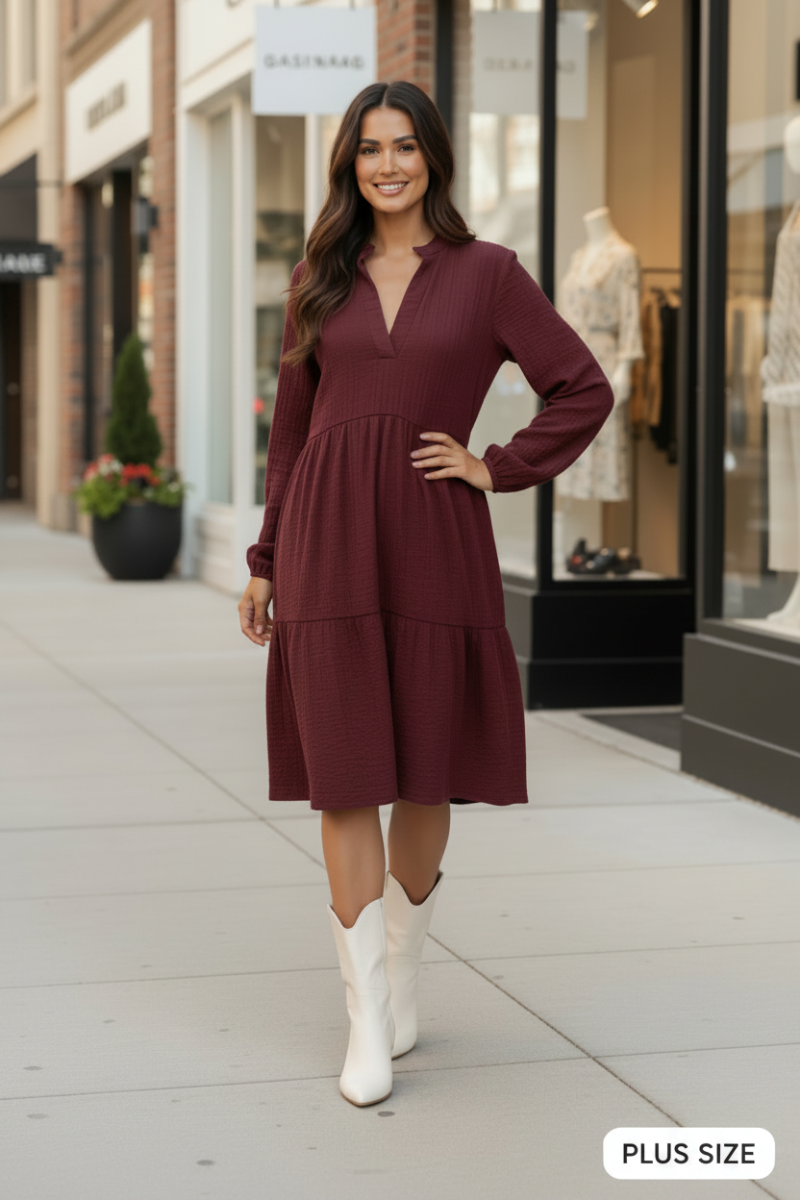 PLUS SIZE MANDARIN COLLAR TIERED MINI DRESS HMED6794