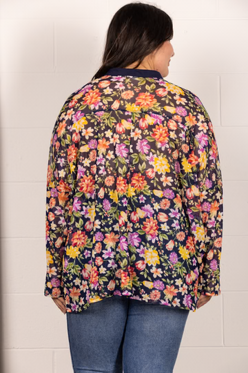 BROWN MANDARIN COLLAR FLORAL PRINT PLUS SIZE TOP T7538