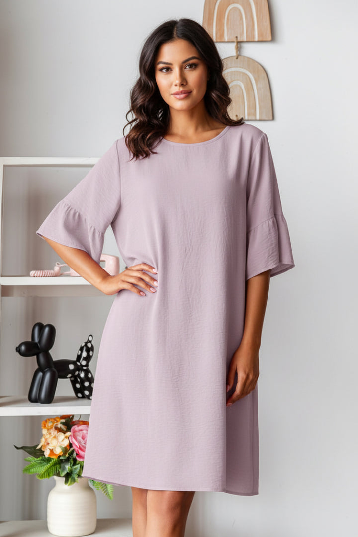 PLUS SIZE SHORT SLEEVE WITH RUFFLED ROUND NECK SOLID MINI DRESS