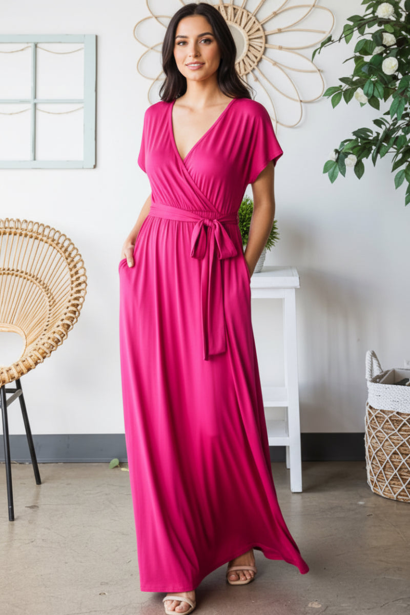 SHORT SLEEVE V NECK SOLID MAXI WRAP DRESS HMED6724S