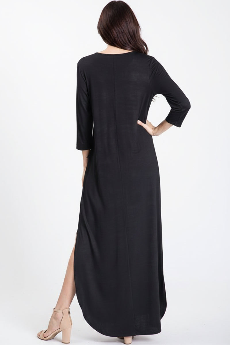 THREE QUARTER SLEEVE ROUND NECK SOLID MAXI DRESS