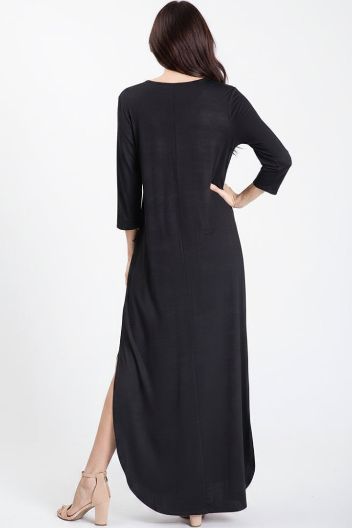 THREE QUARTER SLEEVE ROUND NECK SOLID MAXI DRESS