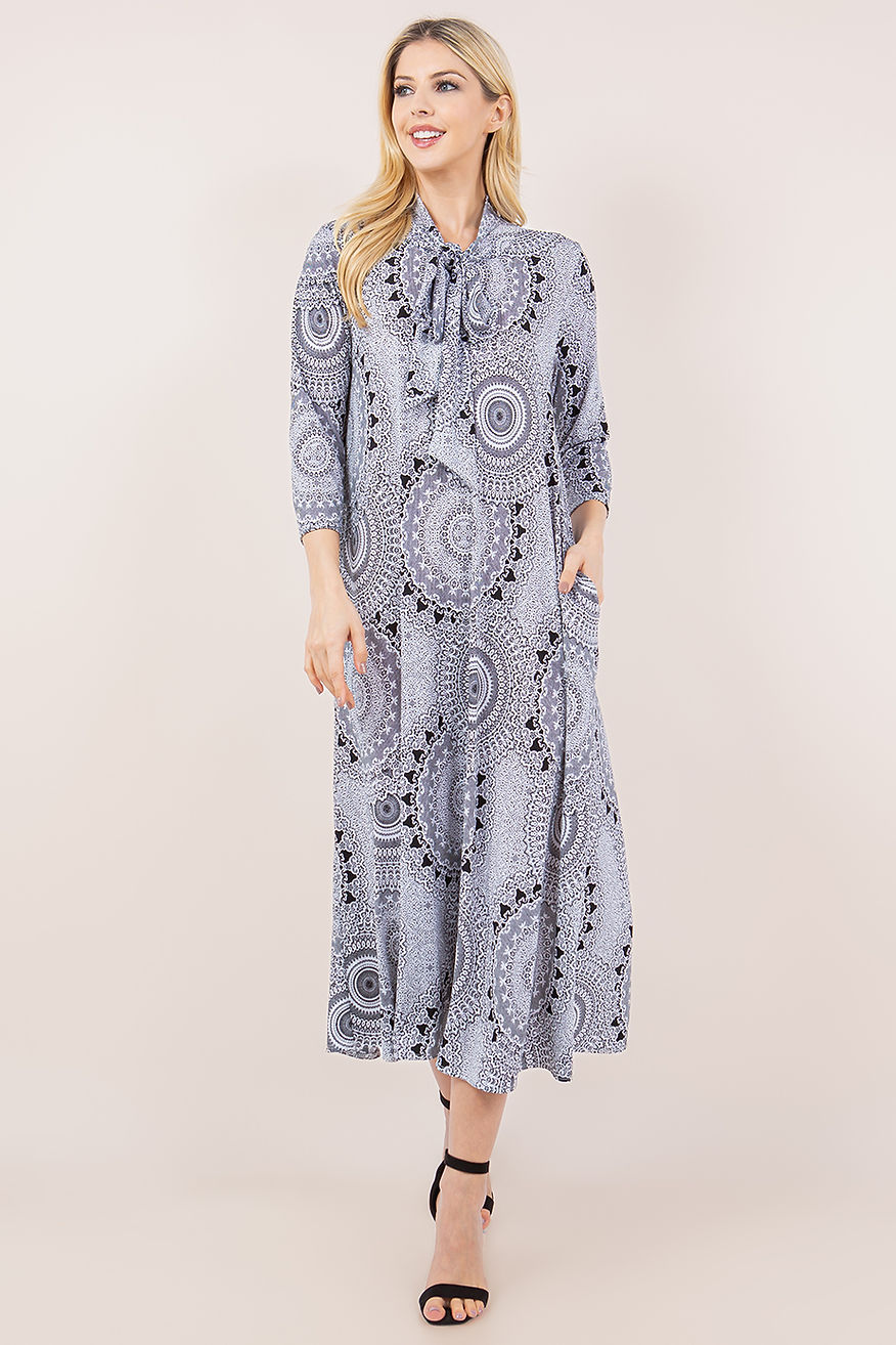 PLUS SIZE TIE-NECK A-LINE MODEST DRESS WITH SIDE POKTES