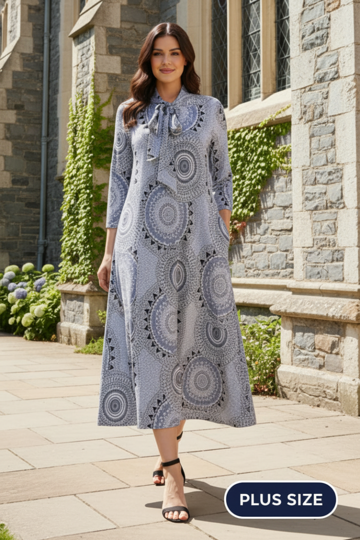 PLUS SIZE TIE-NECK A-LINE MODEST DRESS WITH SIDE POKTES
