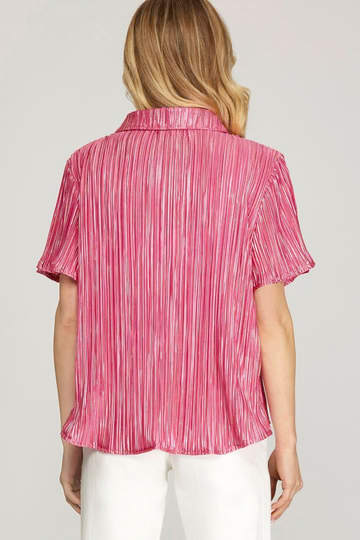 ROYAL BLUE METALIC PLISSE BUTTON DOWN COLLARED TOP