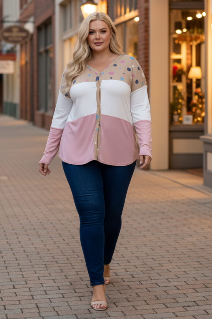 POLKADOT COLOR BLOCK BUTTON DOWN PLUS SIZE SWEATER-CT43590DX-