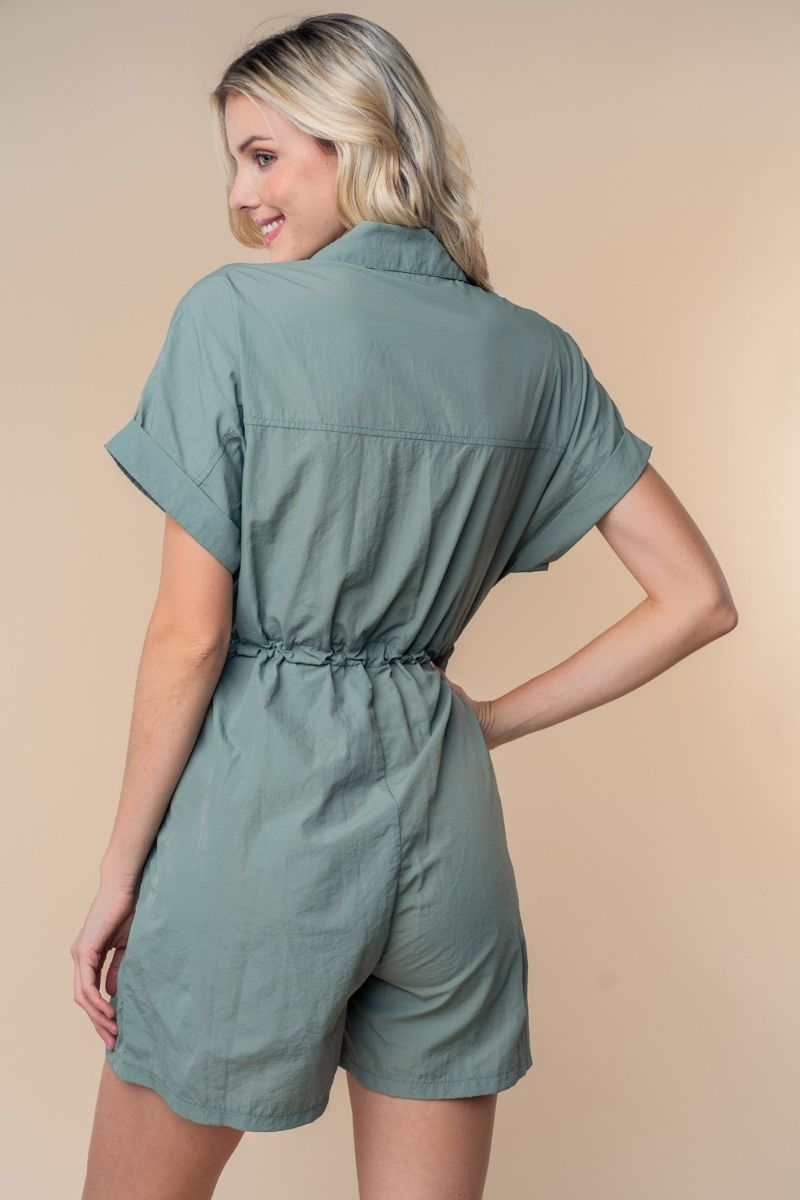 SHORT SLEEVE SOLID WOVEN ROMPER
