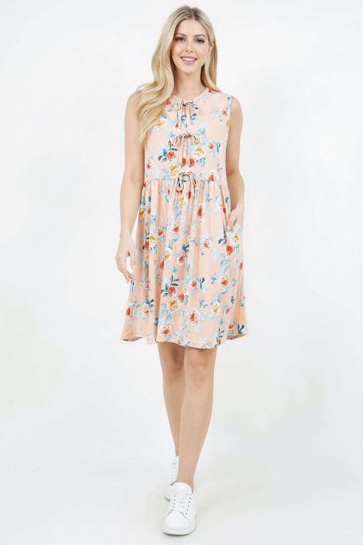 FRONT TIE BOW TANK PLUS SIZE TUNIC DRESS WITH SIDE POCKTES