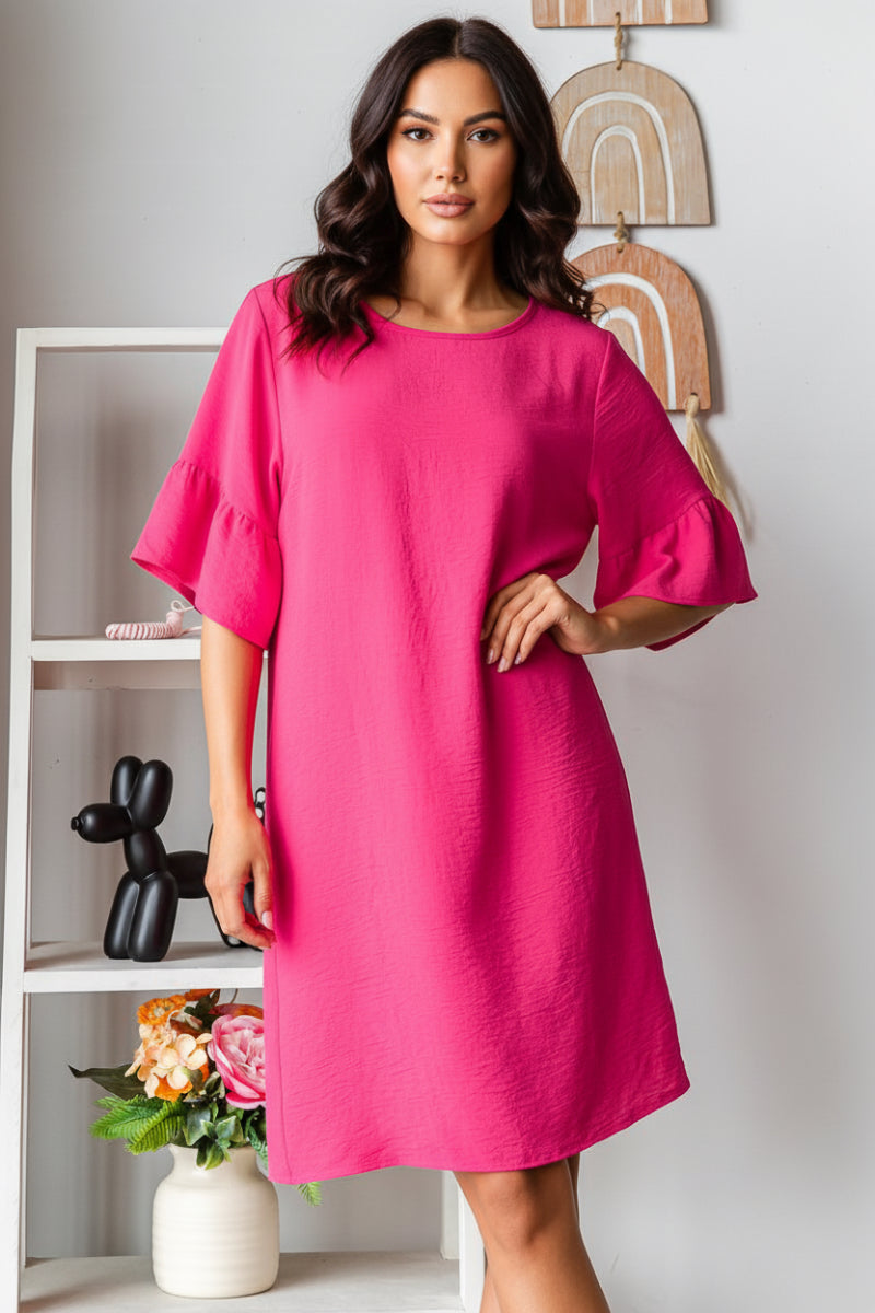 PLUS SIZE SHORT SLEEVE WITH RUFFLED ROUND NECK SOLID MINI DRESS
