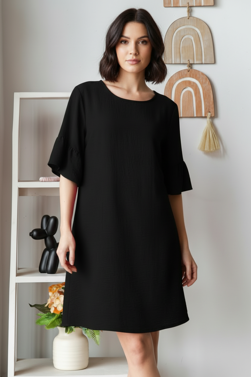 SHORT SLEEVE WITH RUFFLED ROUND NECK SOLID MINI DRESS-HMED6784-10