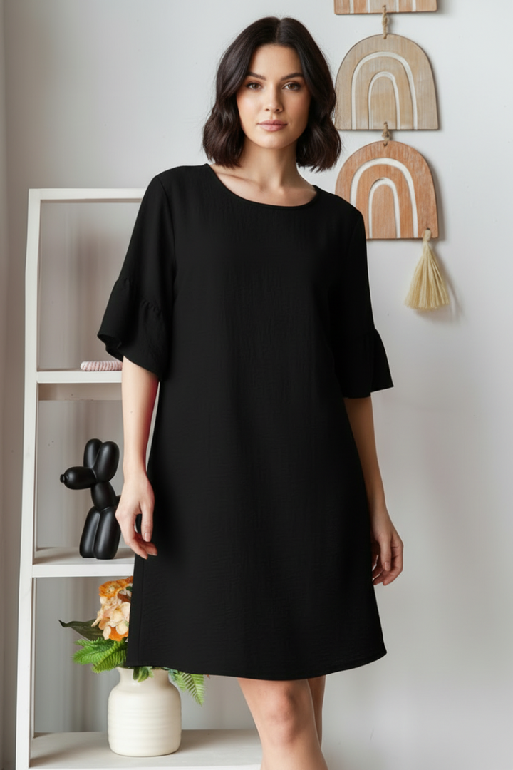 SHORT SLEEVE WITH RUFFLED ROUND NECK SOLID MINI DRESS-HMED6784-10