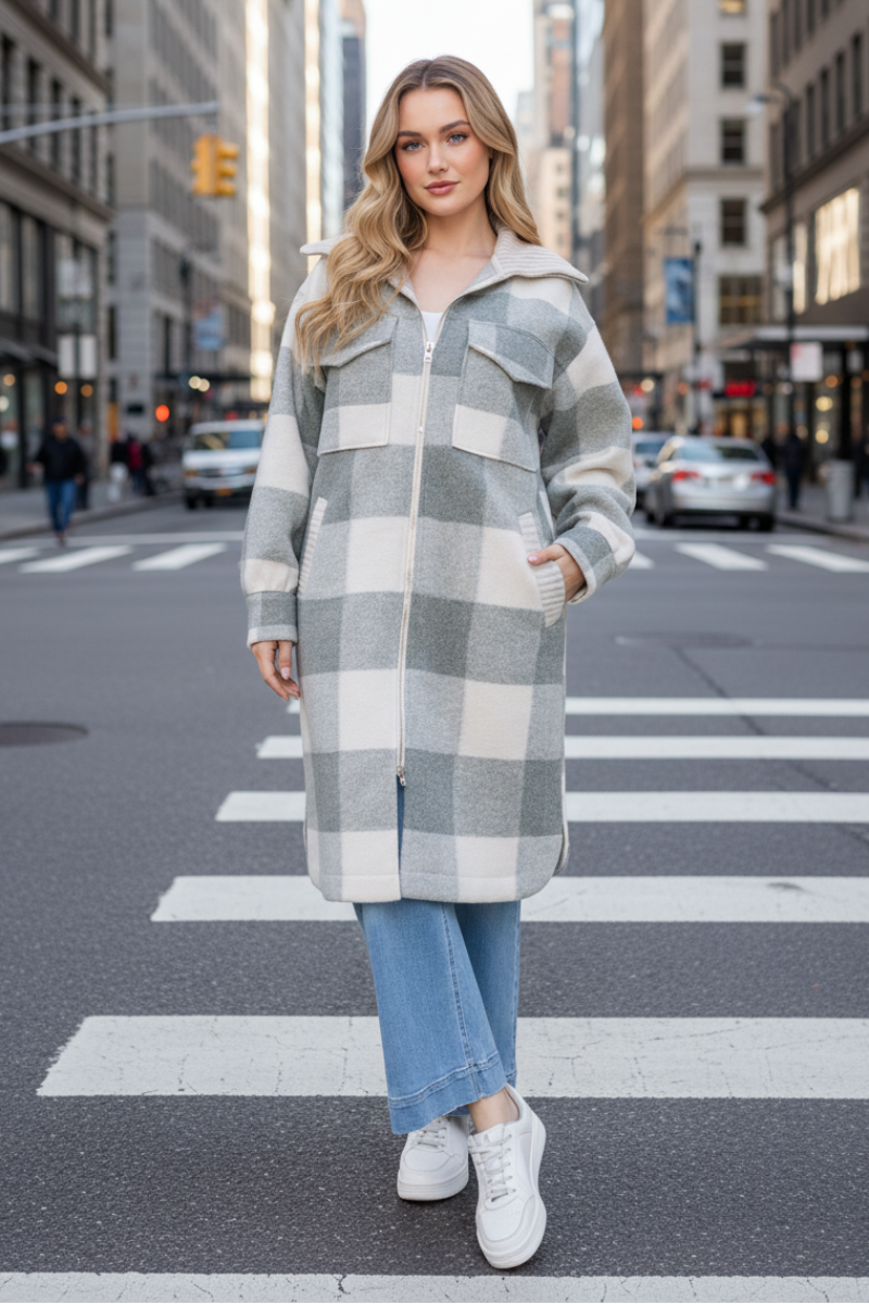CHECKERED PRINT JACKET WITH FRONT ZIP-UP-WBT11280XL