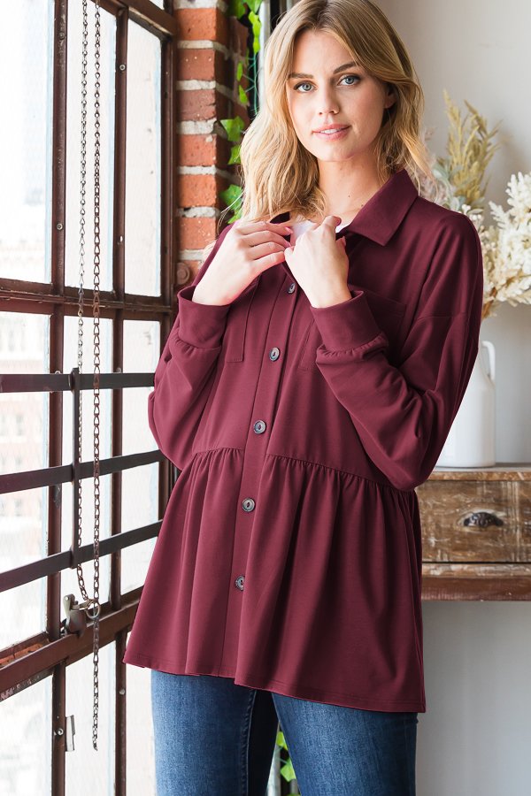 LONG PUFF SLEEVE BASIC COLLAR SOLID BUTTON DOWN JACKET WITH FRONT POCKET AND SHIRRIND DETAIL