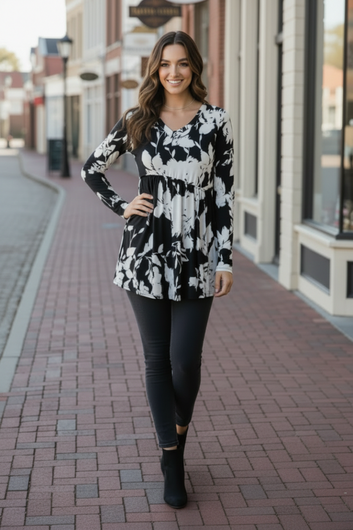 V NECK FLORAL PRINT BABYDOLL TOP WITH SHIRRING AND RUFFLED DETAIL