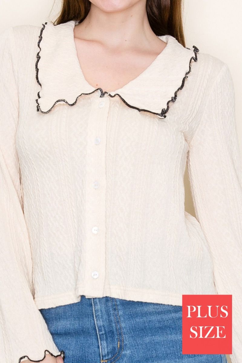 PLUS SIZE LONG SLEEVE SOLID BUTTON DOWN TOP WBT10996
