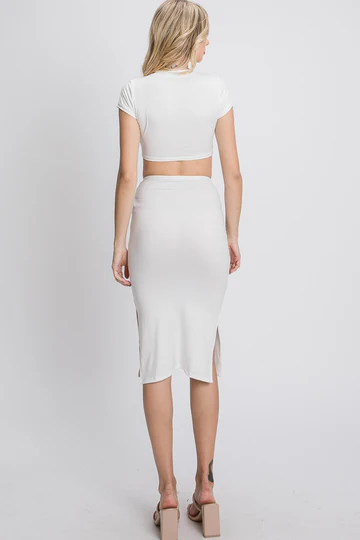 CROP TOP & SIDE SLIT ELASTIC WAIST SKIRT KNIT SET IN2028M *