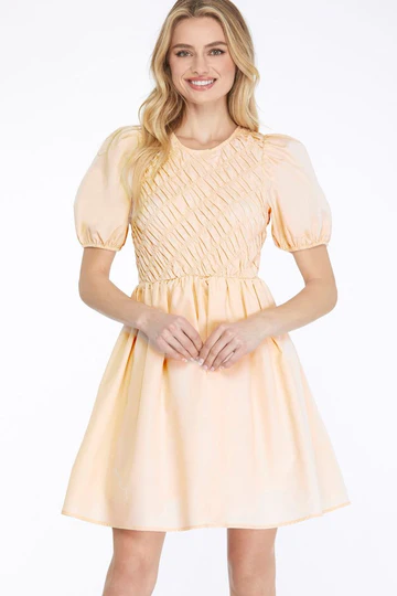 PUFF SLEEVES SMOCK DETAILED WOVEN MINI DRESS